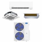MRCOOL Olympus 4th Generation Multi-Zone Mini-Split System featuring outdoor condenser, wall mount unit, ceiling cassette unit, and horizontal ducted unit
