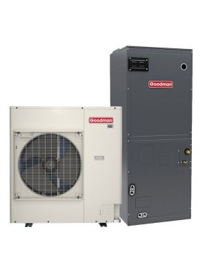 Goodman 5 ton side discharge heat pump condenser (GZV6SA6010) with 115V AHVE air handler.
