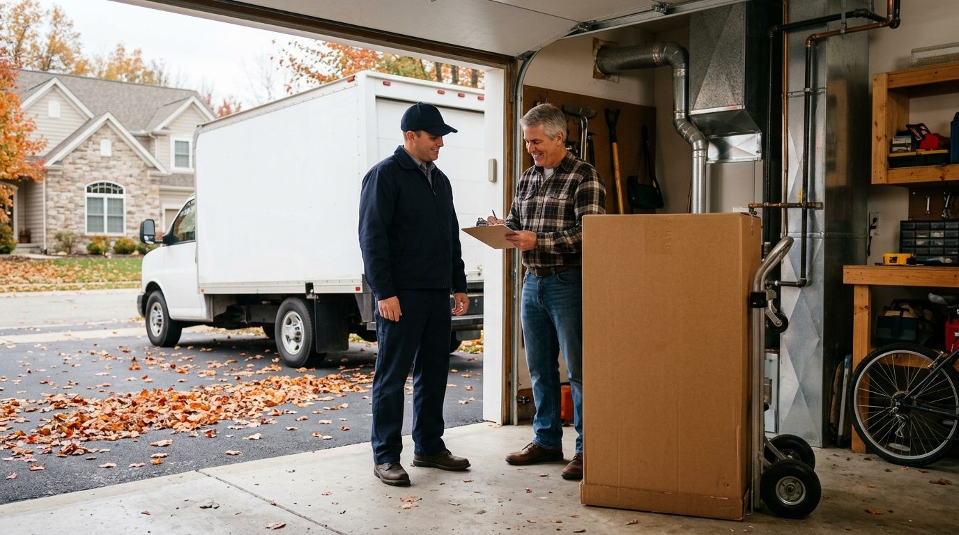Homeowner signing for a boxed furnace delivered on a hand truck in an open garage