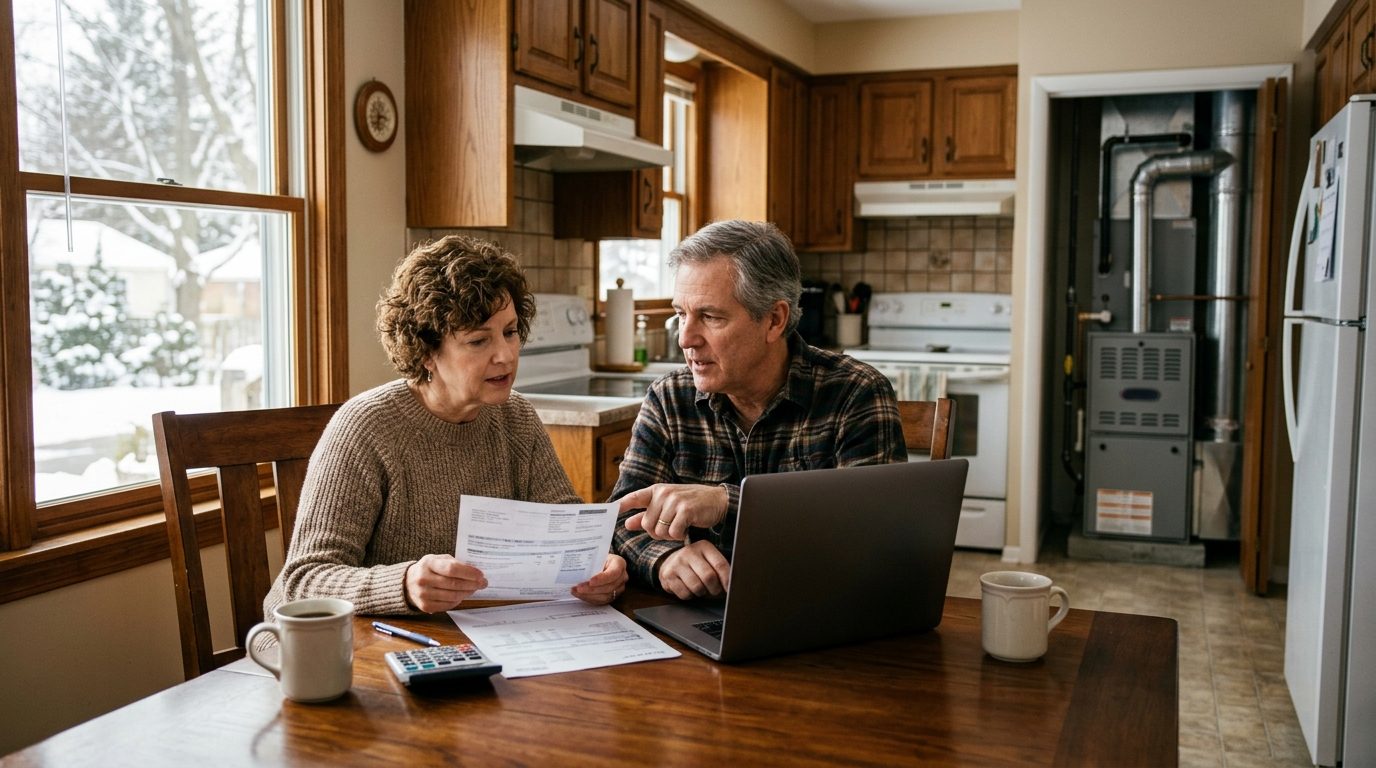 Couple at a kitchen table in winter reviewing a utility bill and a laptop