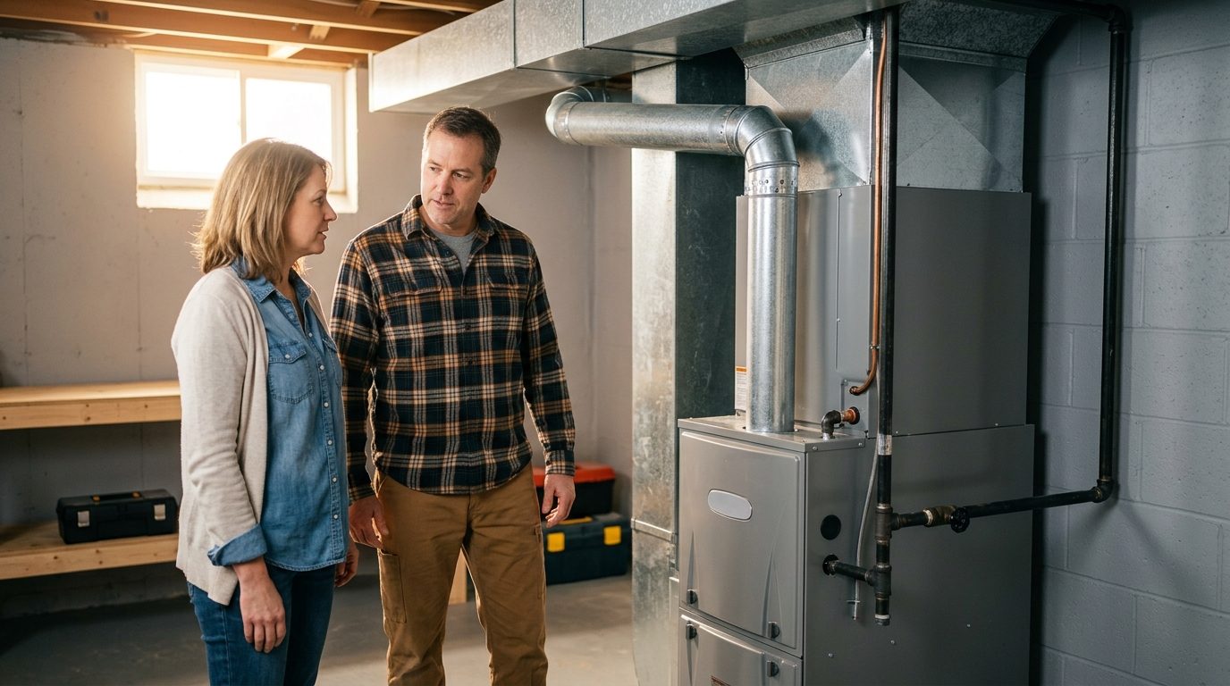 Homeowner couple talking beside a new gas furnace with a galvanized metal flue in a basement utility room