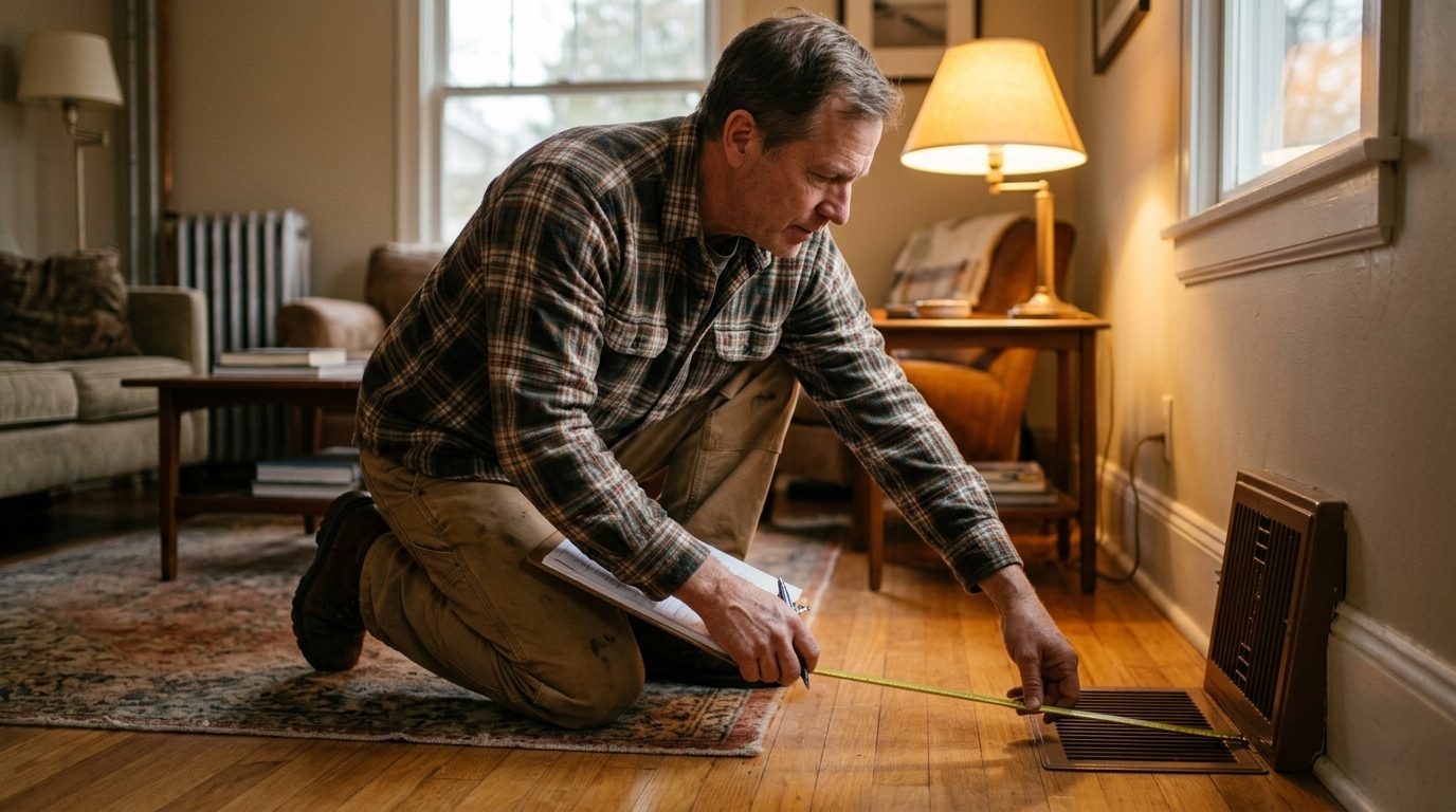 Homeowner measuring a living room floor with a tape measure and clipboard