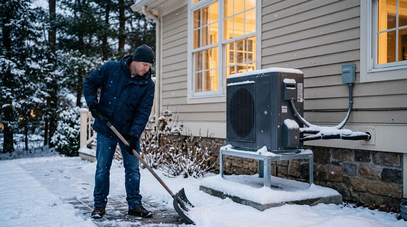 Inverter heat pump outdoor unit on a raised stand in falling snow beside a house with warm lit windows while a homeowner clears the walkway