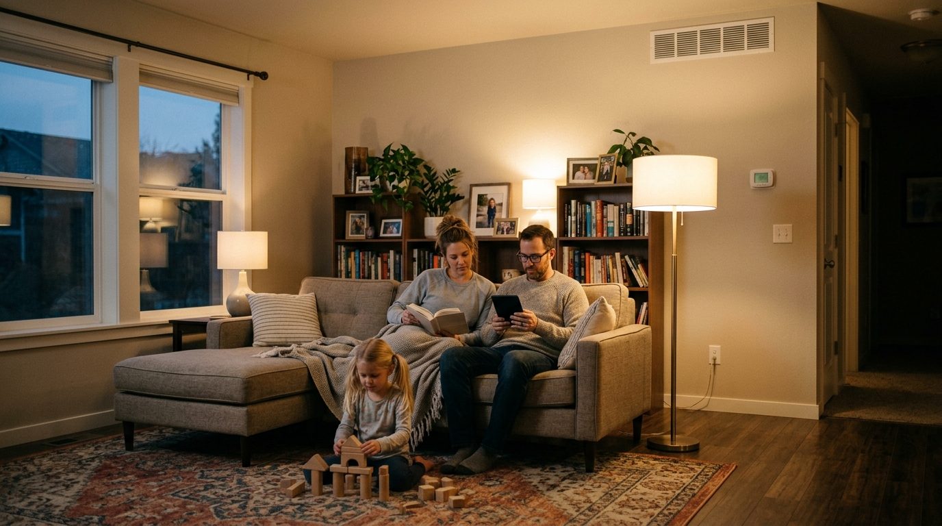 Family reading and playing in a warmly lit living room with a ceiling supply register and wall thermostat, no temperature swings
