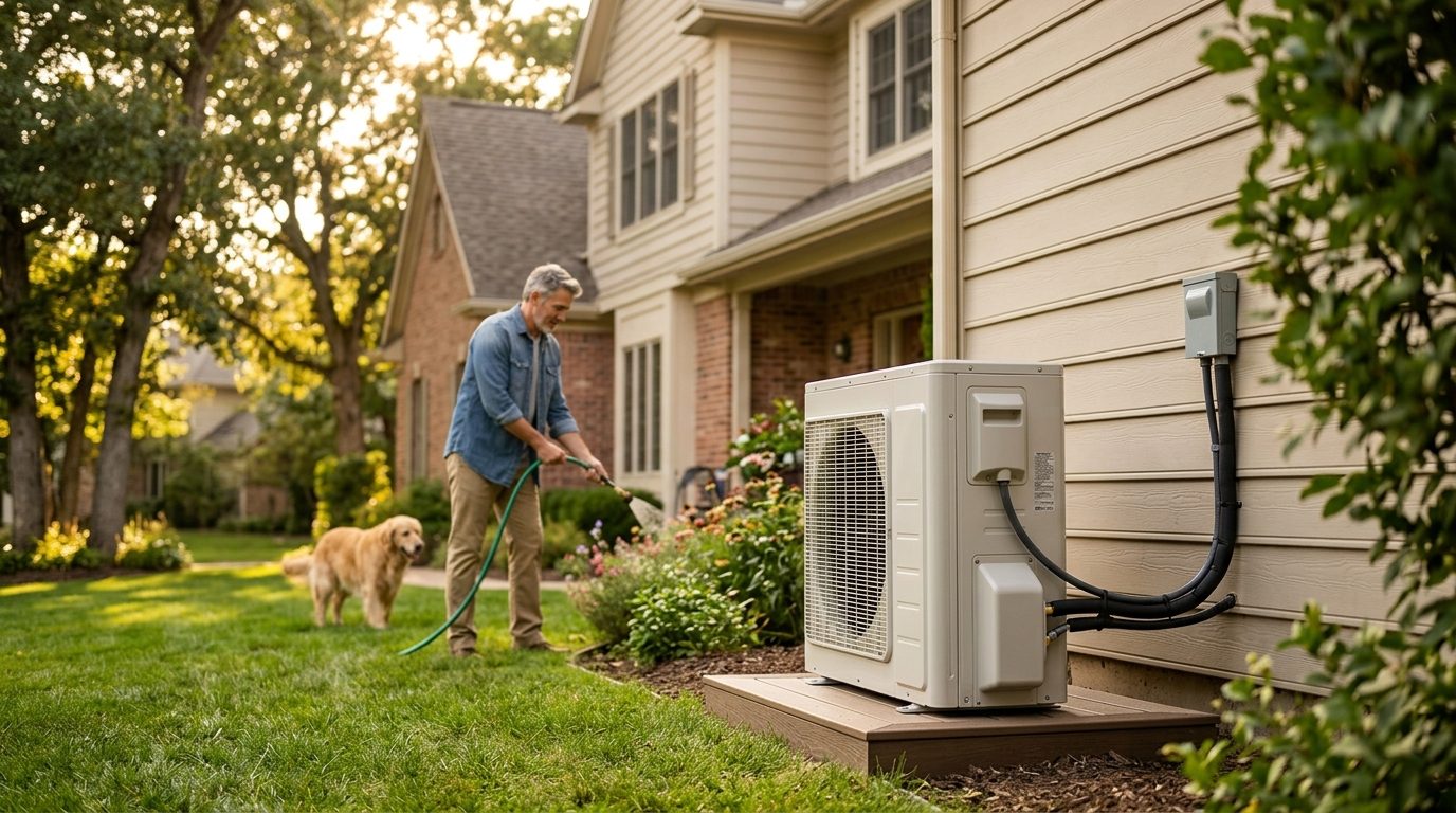 Slim inverter heat pump outdoor unit on a pad beside a two-story home at golden hour, line set and disconnect connected to the wall