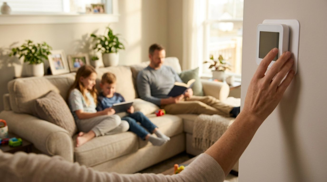 Homeowner's hand adjusting a wall thermostat while the family relaxes on the sofa in a bright living room