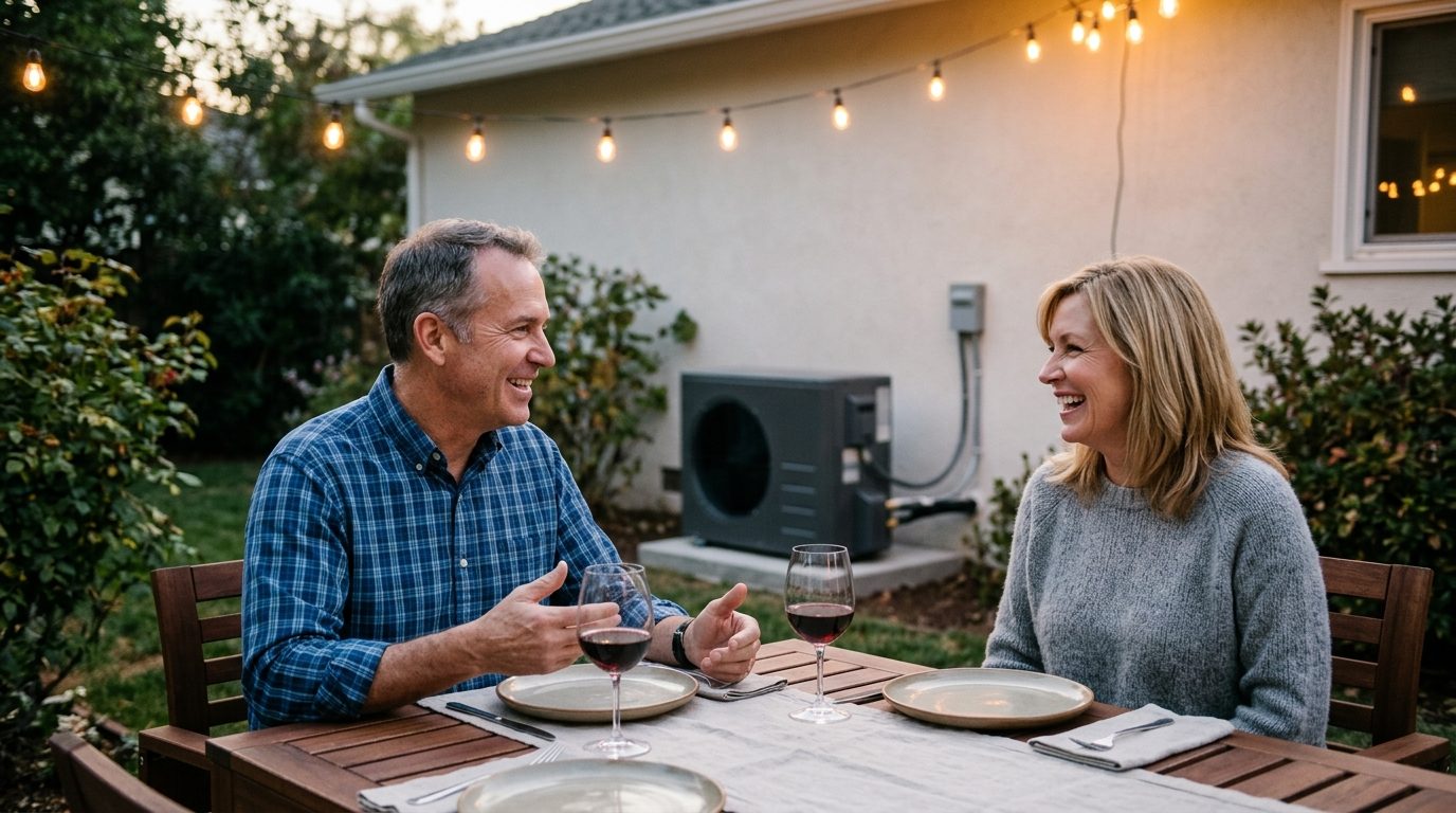 Couple having dinner on a backyard patio at dusk a few feet from a compact inverter outdoor unit under string lights