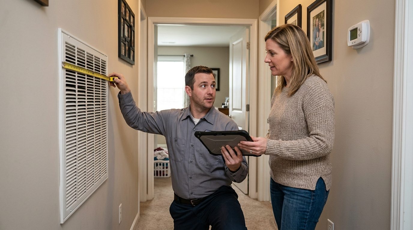 HVAC contractor measuring a return air grille with a tape measure and tablet while talking with a homeowner in a hallway