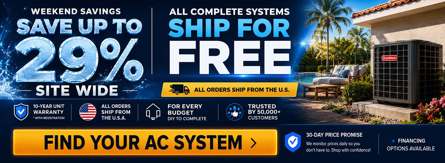 Promotional banner advertising up to 29% off HVAC systems, free shipping on complete systems, and a Goodman central air conditioner installed outside a home.