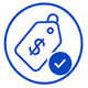 Price tag with white checkbox in blue circle next to it - Price Match Promise We won't be beat